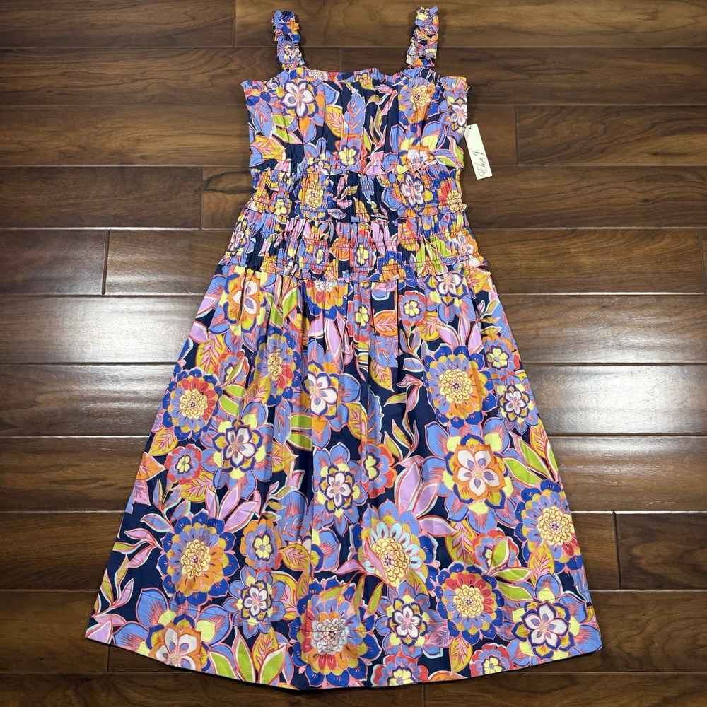 Eliza J Women's Size 14 Floral Print Sleeveless Smocked Cotton Midi Dress